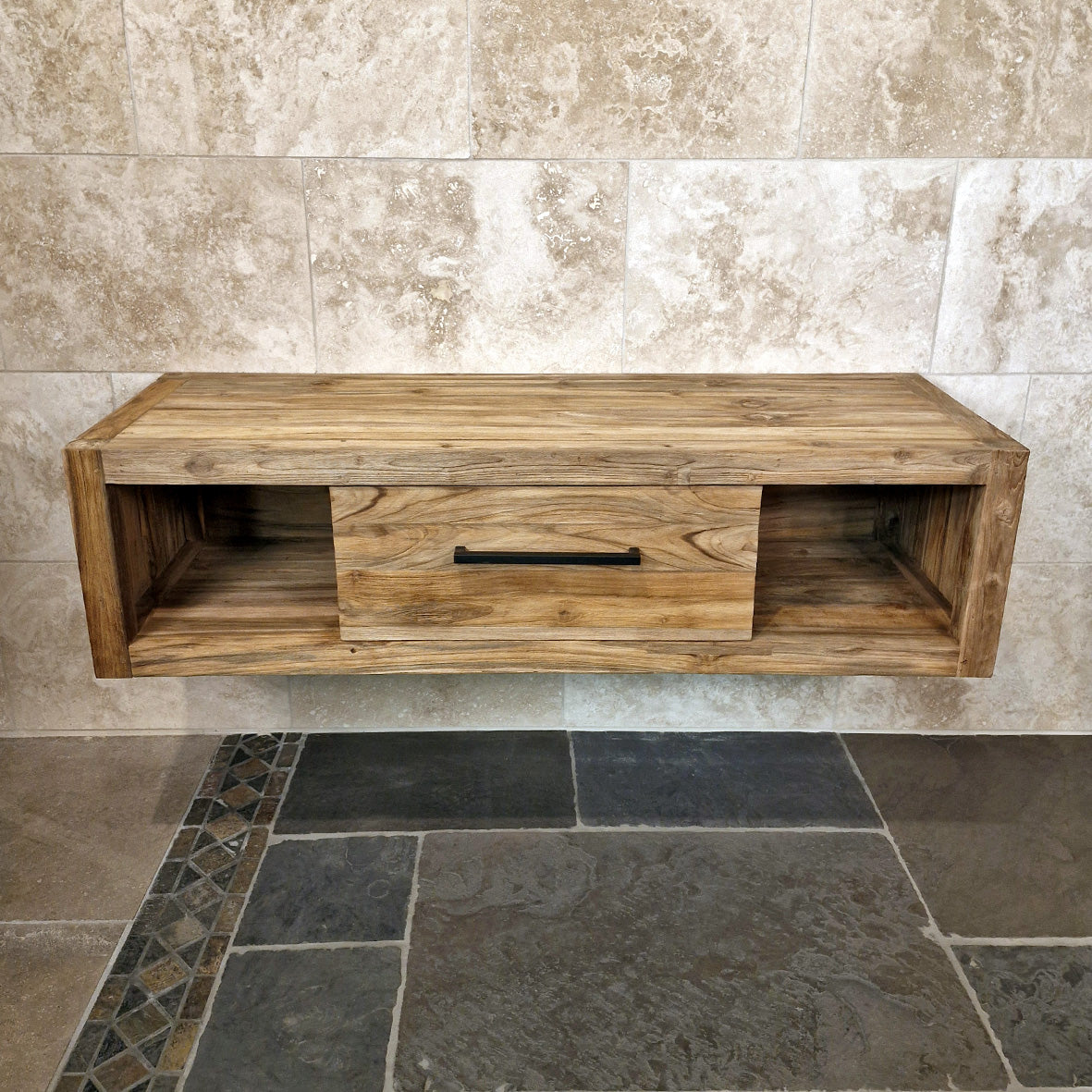 Hängeschrank für Bad aus recyceltem Teakholz, Wandmontage, naturfarben, Komodo, moderne Badgestaltung, rechteckiges Design