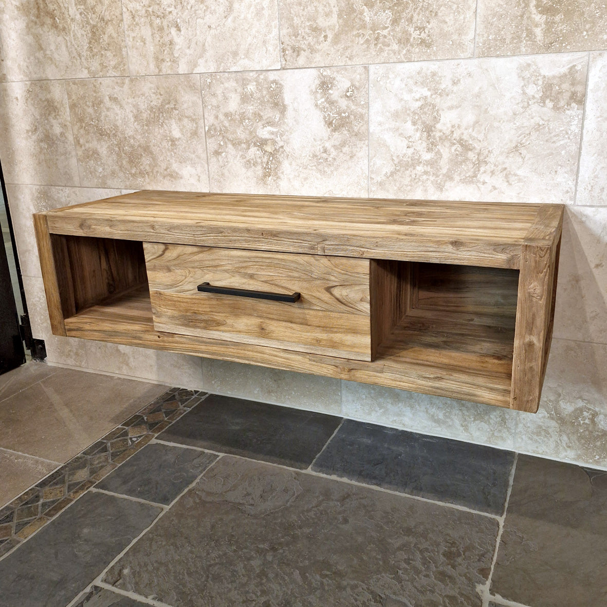 Hängeschrank für Bad aus recyceltem Teakholz, Wandmontage in natürlichem Design, von Komodo, Maße 150x53x40 cm