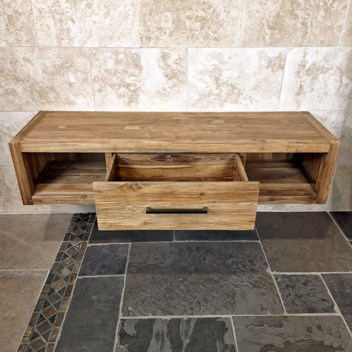 Hängeschrank für Bad aus recyceltem Teakholz, Wandmontage, naturfarben, Komodo Badgestaltung, Maße 180x53x40cm