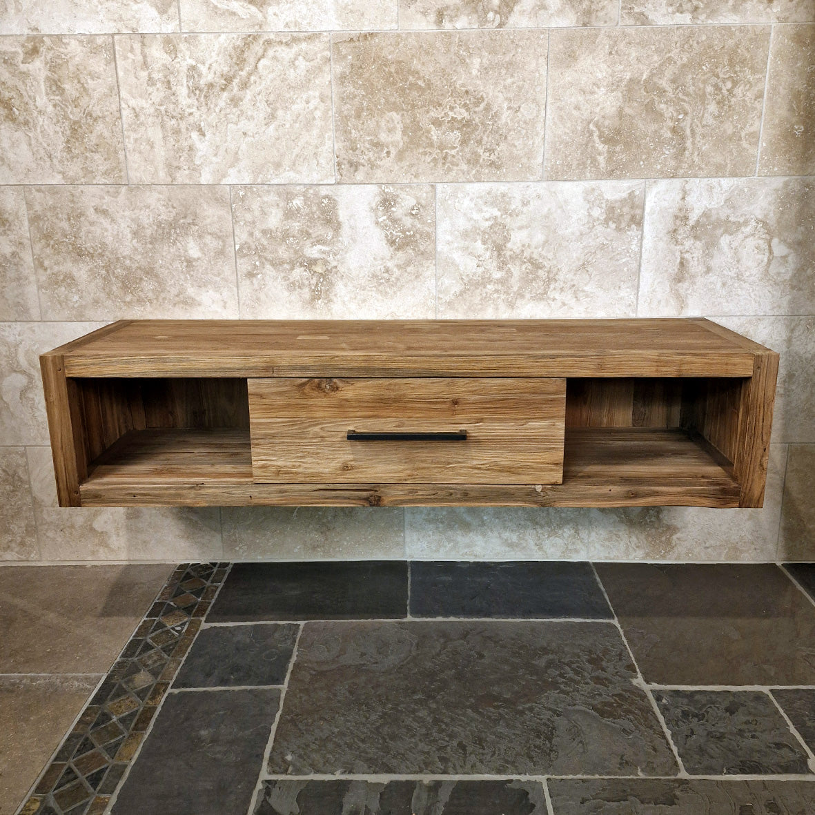 Hängeschrank für Bad aus recyceltem Teakholz, Wandmontage, naturfarben, Komodo Badgestaltung, 180x53x40cm