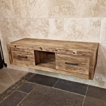 Rustikaler handgefertigter Bad-Hängeschrank aus Teakholz von Komodo, 150x53x40cm, für stilvolle Badgestaltung.