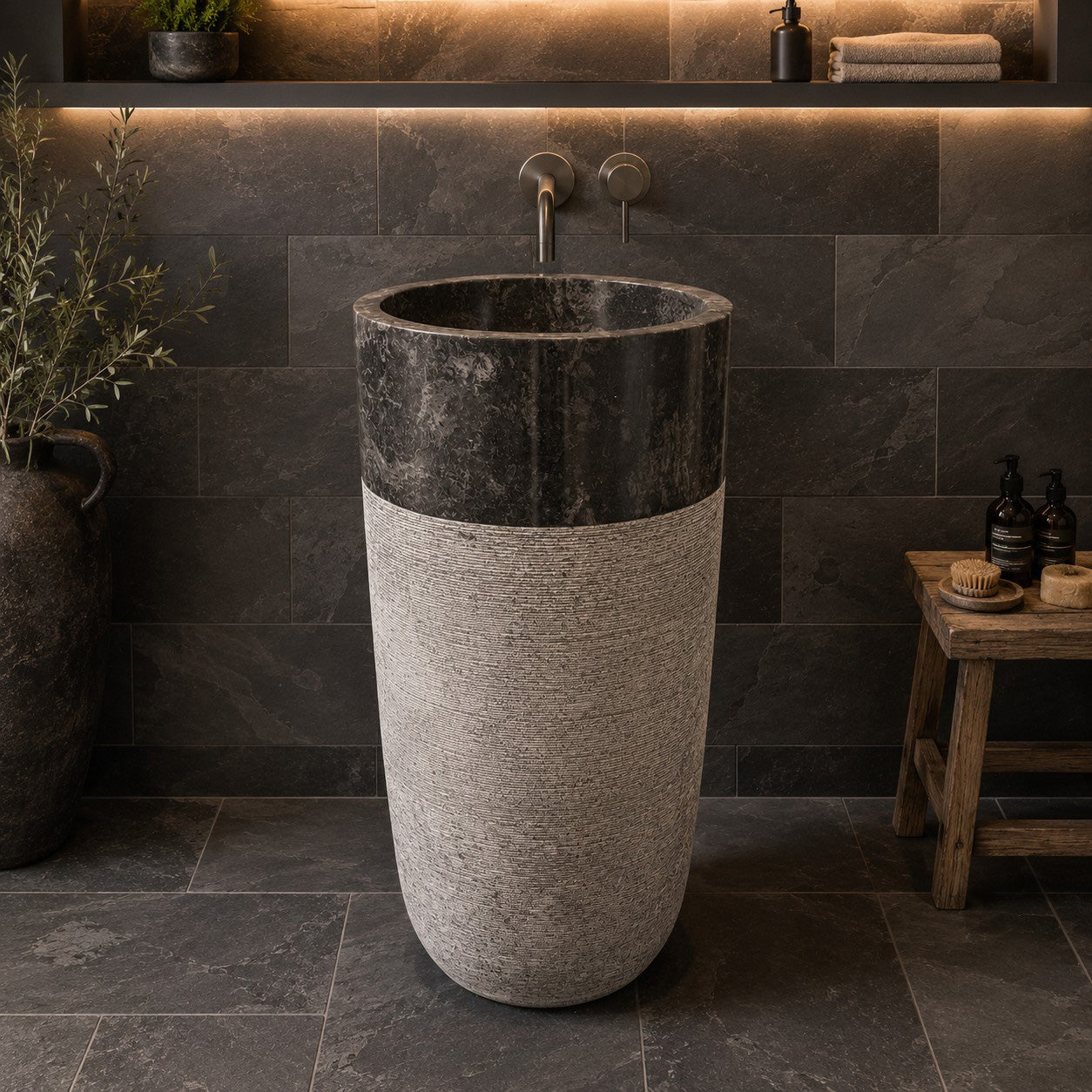 Standwaschbecken | Marmor | Grau und schwarz | 90 x 40 cm | Badgestaltung