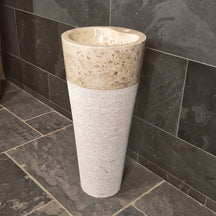 Beige Marmor-Standwaschbecken von Lefkas, 90 x 40 cm, modernes Badgestaltungselement mit eleganter Oberfläche.