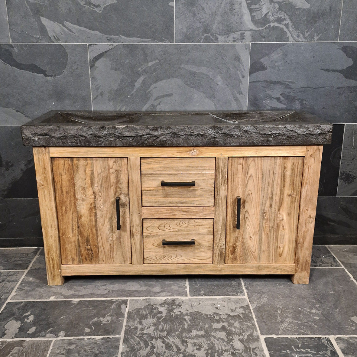 Madura Badezimmermöbel mit Waschtisch in Blaustein-Optik, Unterschrank mit Griffen, moderne Badgestaltung, verschiedene Größen erhältlich