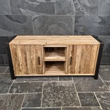 Unterschrank für Bad aus recyceltem Teakholz, 180x55x80 cm, Metal Look, modernes Badmöbel mit natürlicher Holzoptik