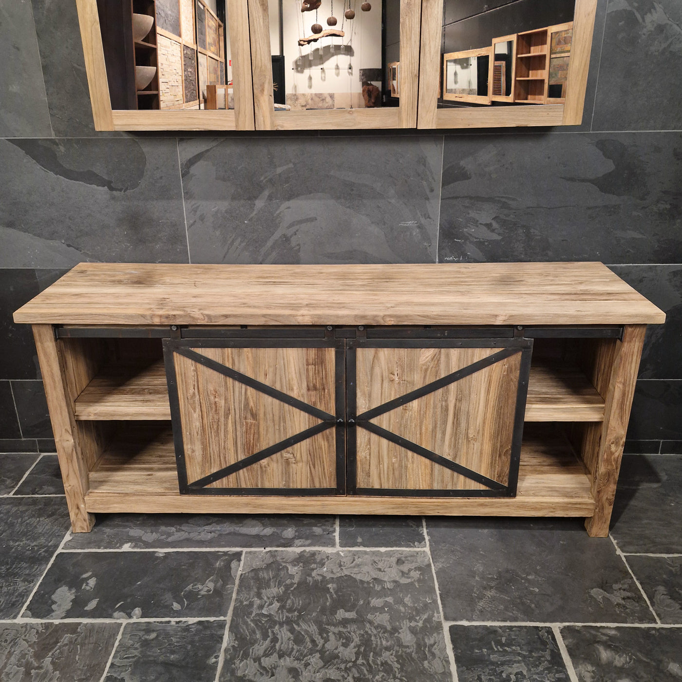 Teakholz Unterschrank für Bad, langlebige Badkommode von OTARA mit natürlichem Holzdesign, Maße 186x55x80cm
