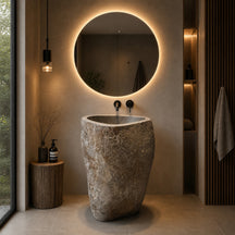 Standwaschbecken Flussstein | 67x56x89 cm, für moderne Badgestaltung, zeigt das naturbelassene Design des Waschbeckens.