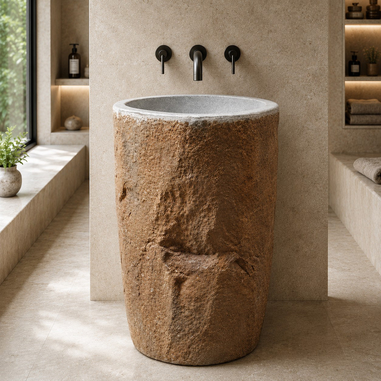 Standwaschbecken aus Flussstein | naturbelassenes Unikat | 57 × 49 × 90 cm | Rhodos R13