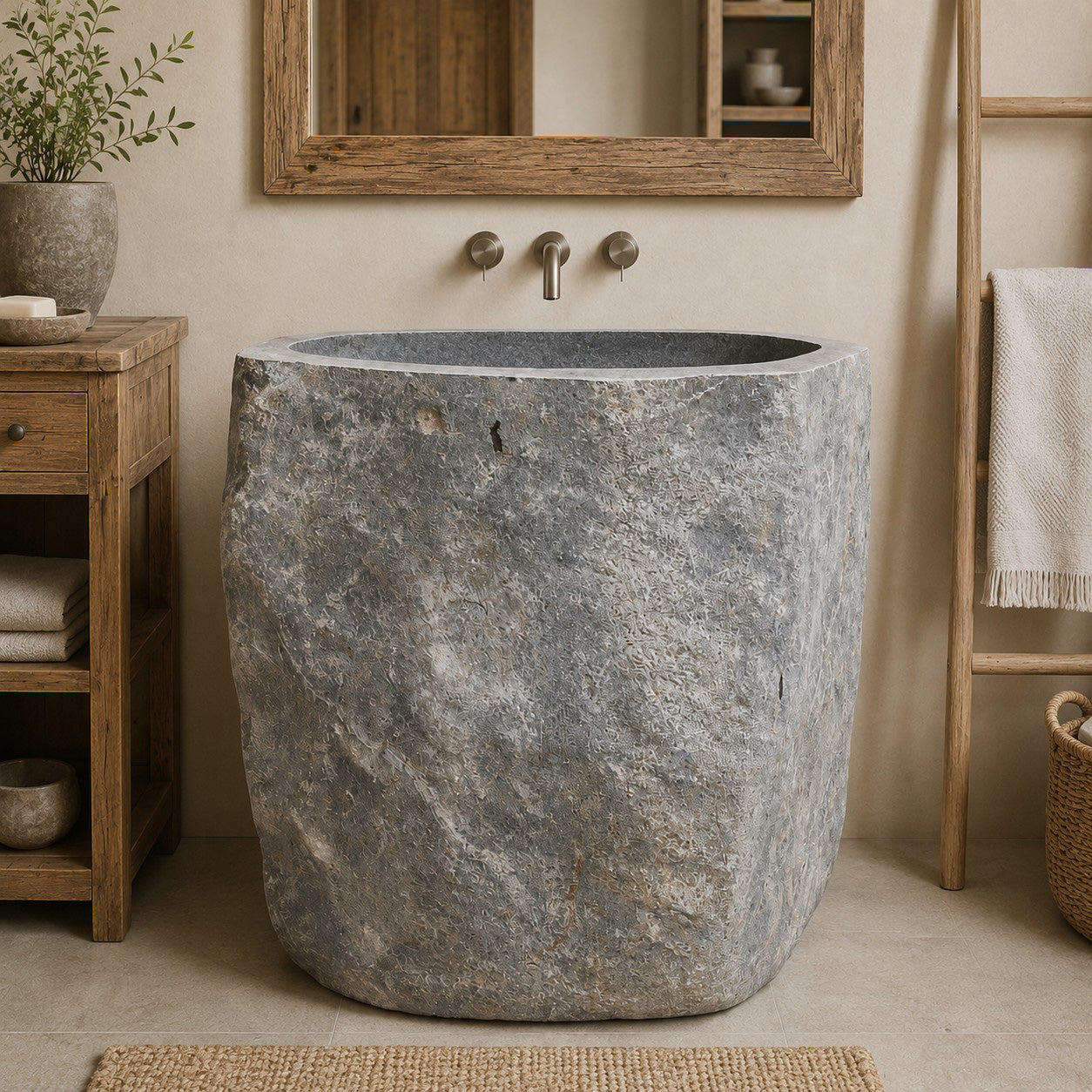 Standwaschbecken aus Flussstein, 80x67x90 cm, in Badgestaltung mit natürlichem Design, Naturstein