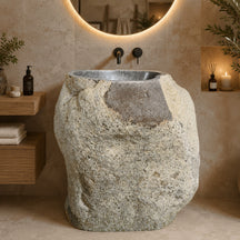 Standwaschbecken aus Flussstein, Badgestaltung, 82x57x91 cm, naturbelassenes Design, stimmungsvoller Badbereich