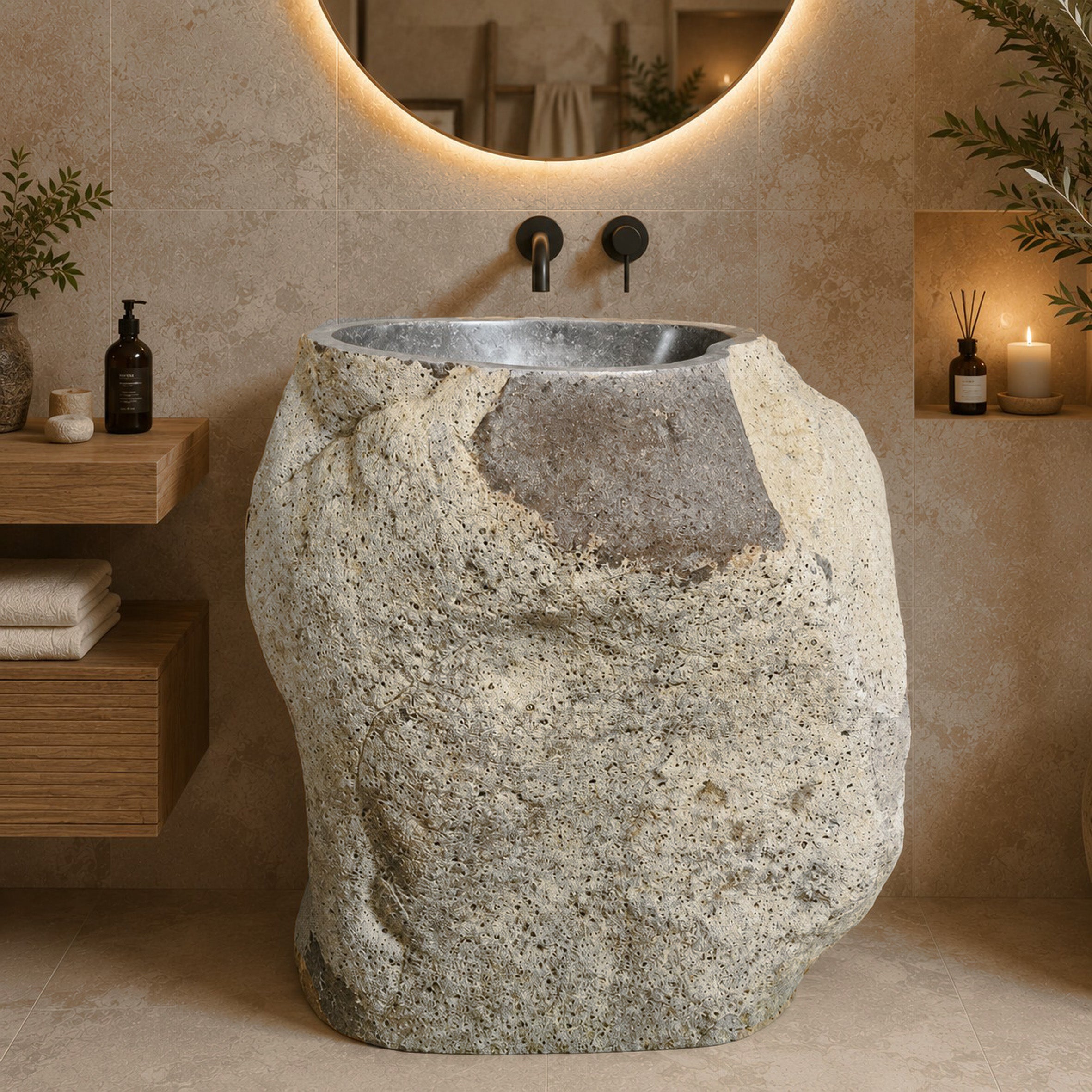 Standwaschbecken aus Flussstein | naturbelassenes Unikat | 82 × 57 × 91 cm | Rhodos R17