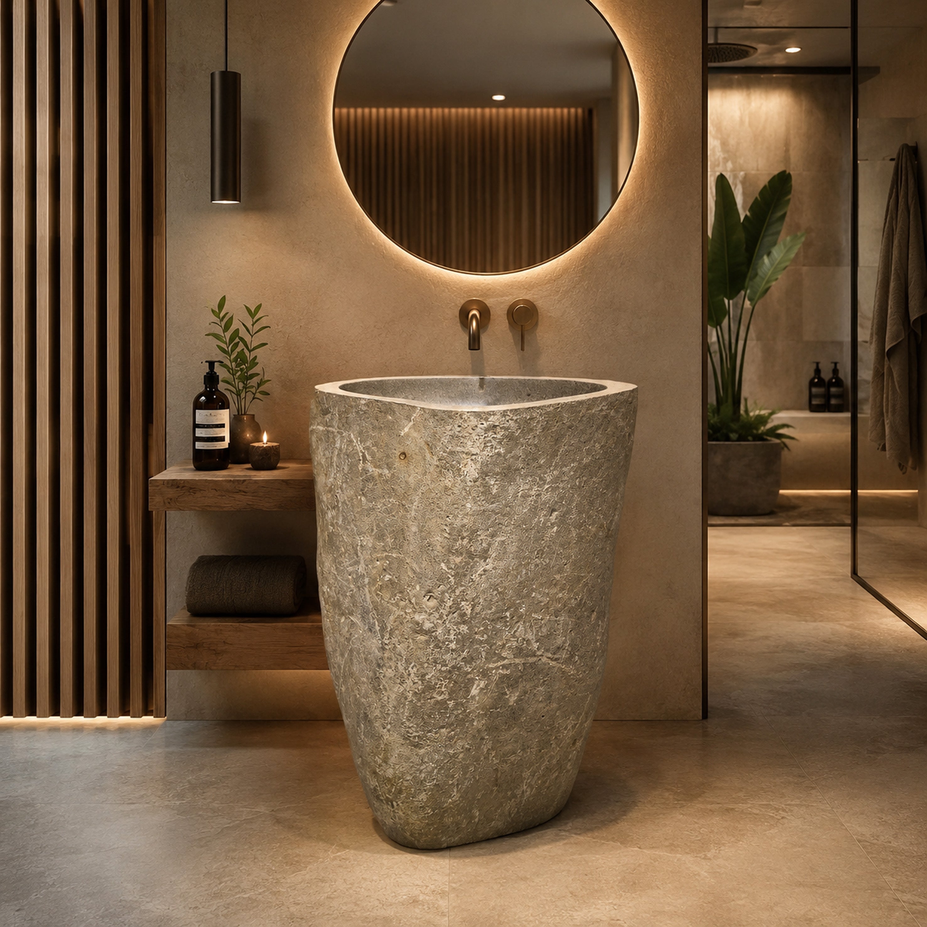 Standwaschbecken aus Flussstein | schlanke Naturform | 67 × 40 × 90 cm | Rhodos R8