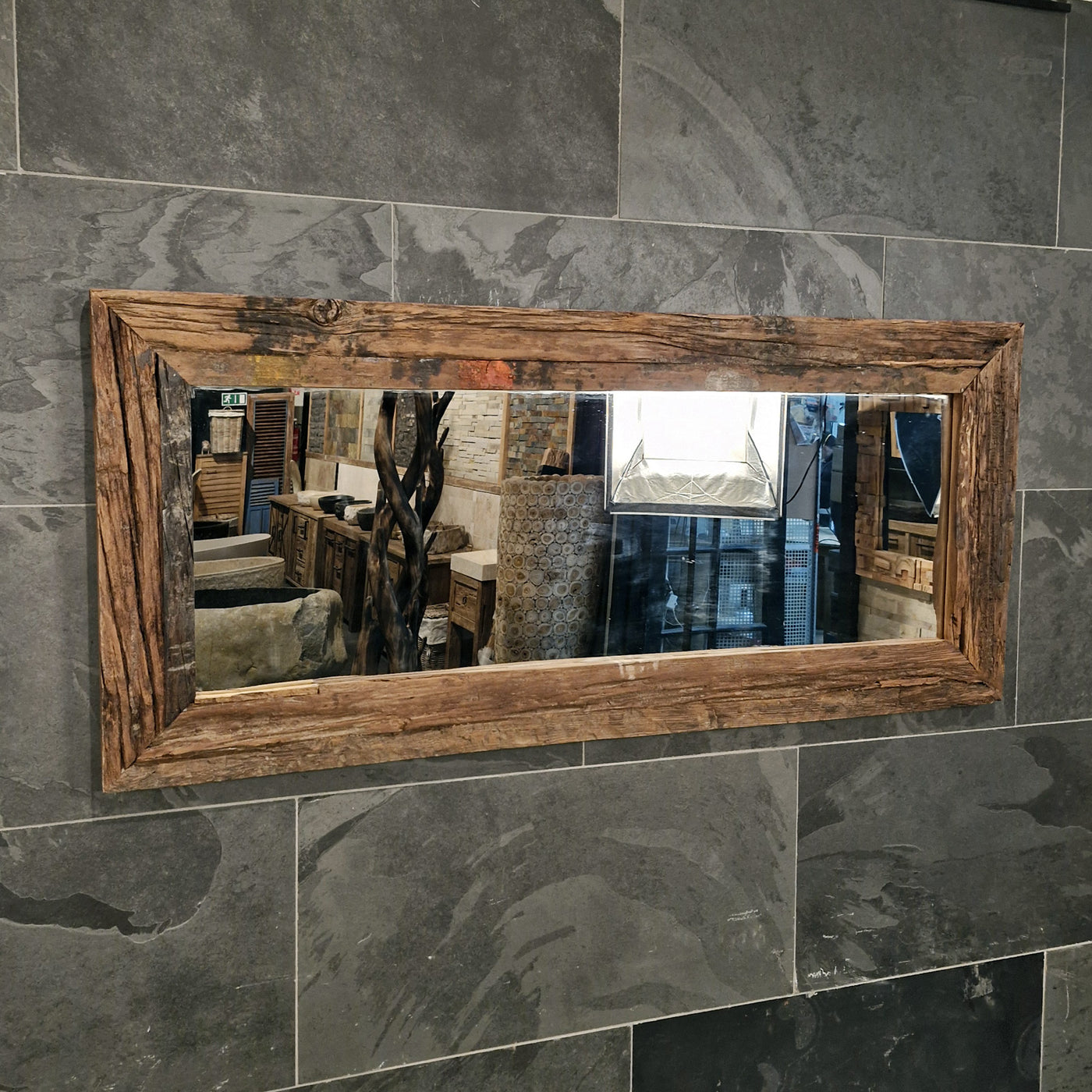Wandspiegel von Railwood mit rotem Holzrahmen, 160x70 cm, für Badgestaltung, modernes Design, natürliche Holzoptik