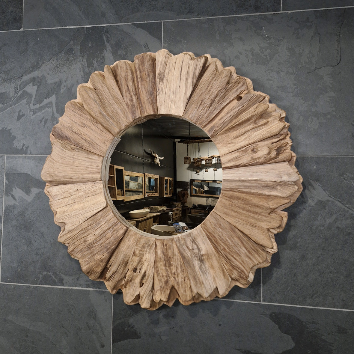 Wandspiegel aus recyceltem Teakholz, Badspiegel G 1-3, mit Blumenmuster, verschiedene Größen für Badgestaltung