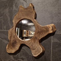 Wandspiegel Badspiegel aus Baumscheibe, rechteckig, 63x66 cm, naturbelassenes Holzdesign für Badgestaltung