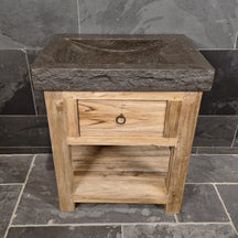 Kleiner Unterschrank mit Waschtisch aus recyceltem Teakholz, Sulawesi Badgestaltung, 86 cm breit, mit Bilbao Blaustein.
