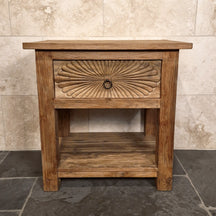 Unterschrank mit Carving-Schublade aus recyceltem Teakholz, Sulawesi 1, für Badgestaltung, 80x55x80 cm, handgefertigt.