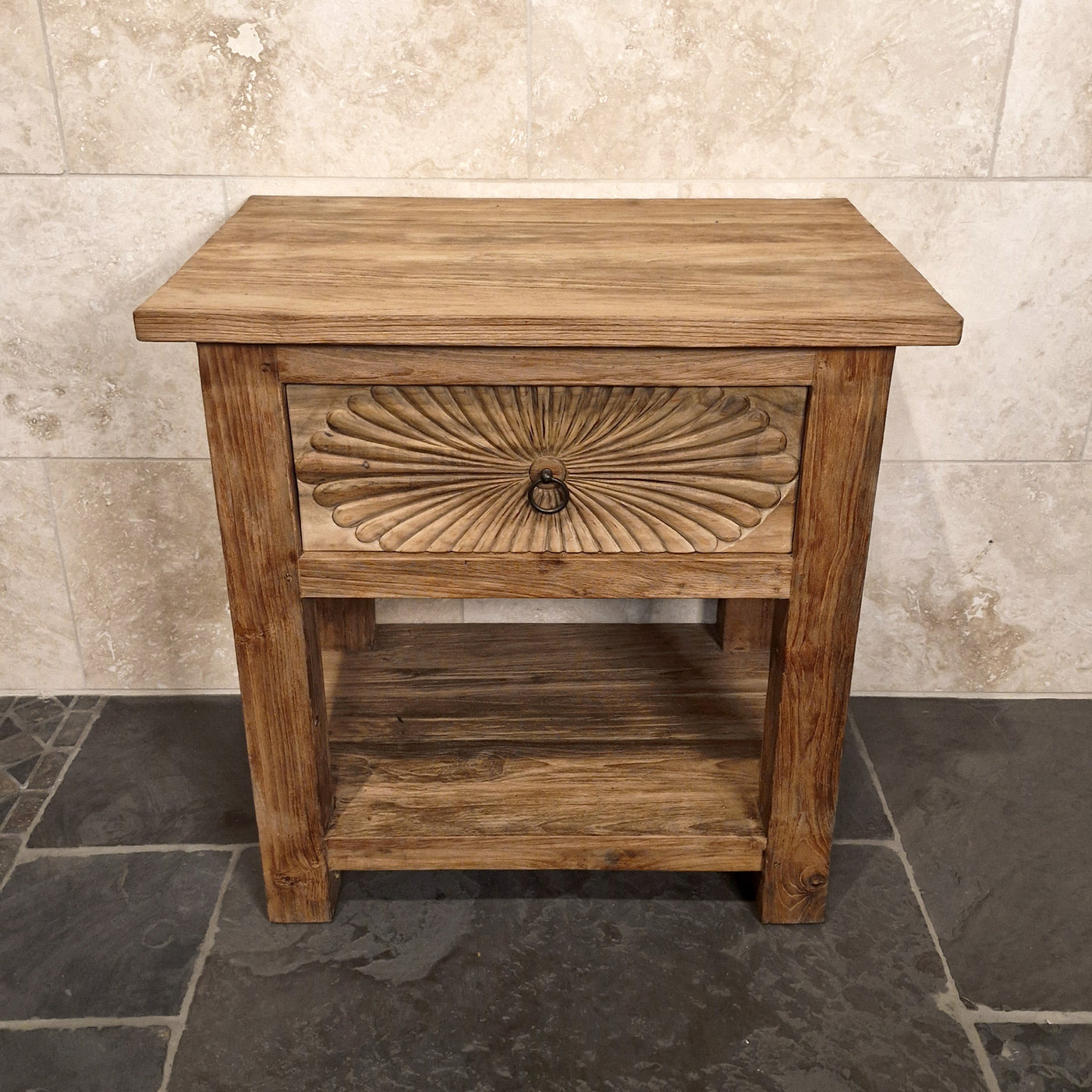 Unterschrank mit Carving-Schublade aus recyceltem Teakholz, Sulawesi Badgestaltung, Maße 80x55x80cm, handgefertigt