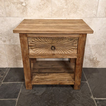 Unterschrank mit Carving-Schublade aus recyceltem Teakholz, Sulawesi Badgestaltung, Maße 80x55x80cm, handgefertigt