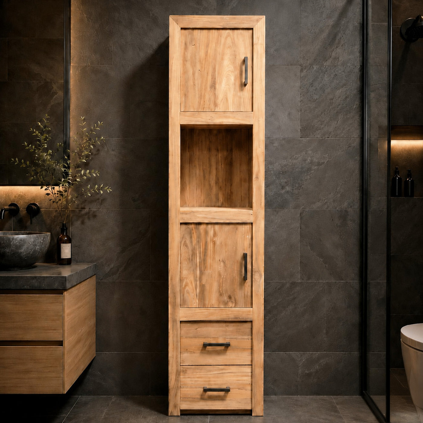 Massief houten hoge kast voor badkamer | Rustieke elegantie van oud hout | Model 4