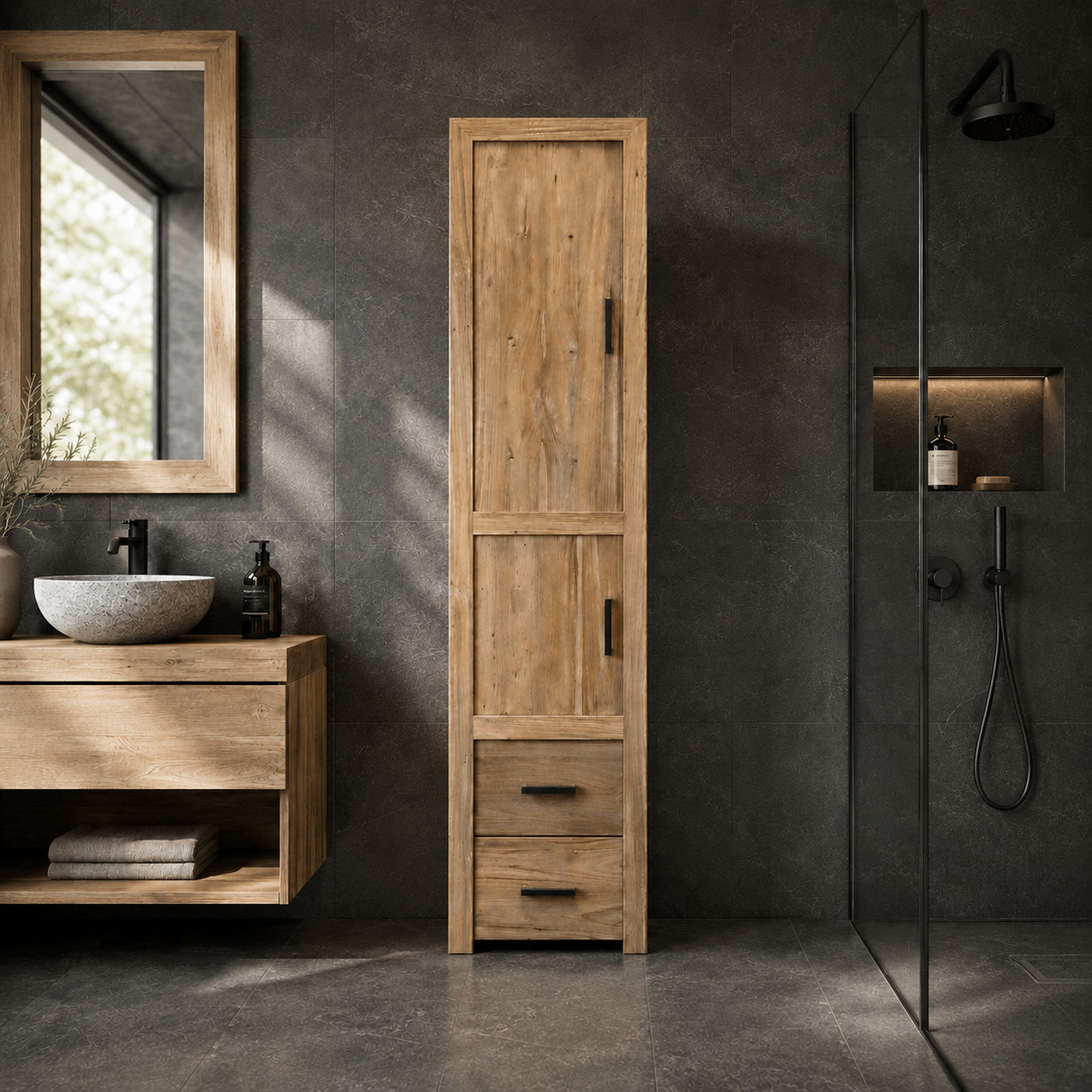 Teakholz Hochschrank für Badezimmer | Naturbelassen und robust | Model 6