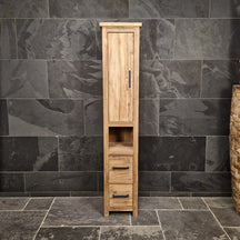 Hochschrank aus Teakholz für Badezimmer, nachhaltige Handarbeit, rechtsdrehendes Modell, elegant und funktional.