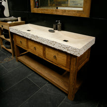 Moderner Waschtisch mit Unterschrank aus recyceltem Holz für stilvolle Badezimmer, von Sulawesi, Modell 3, mit Waschtisch und Holzdetails