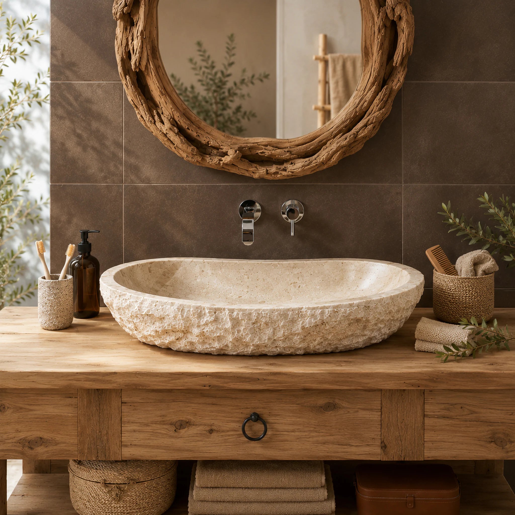 Aufsatzwaschbecken | Marmor Beige grob | Naturstein | 60-80 cm x 45