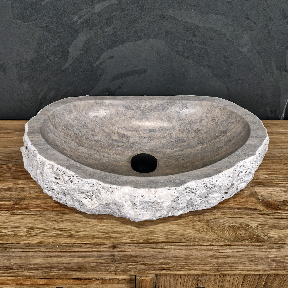 Aufsatzwaschbecken aus Silber Travertin, grobe Naturstein-Oberfläche, Badgestaltung, Maße 60 x 40 cm, WAVE.