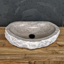 Aufsatzwaschbecken aus Silber Travertin, grobe Naturstein-Oberfläche, Badgestaltung, Maße 60 x 40 cm, WAVE.