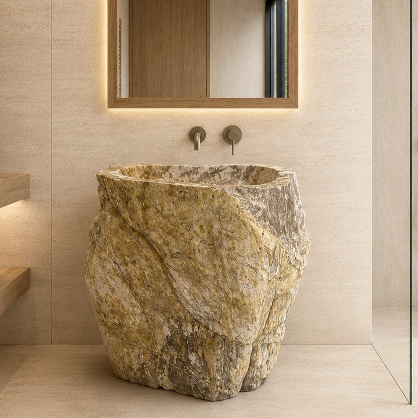 Standwaschbecken aus versteinertem Holz, Badgestaltung von Zakynthos, 87x47x90 cm, stilvoller Waschtisch in natürlichem Holzdesign.