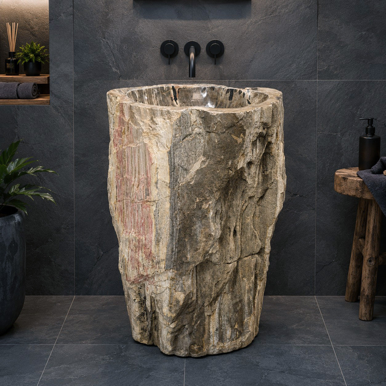 Standwaschbecken aus versteinertem Holz | naturbelassen | 60 × 39 × 90 cm | Zakynthos Z8
