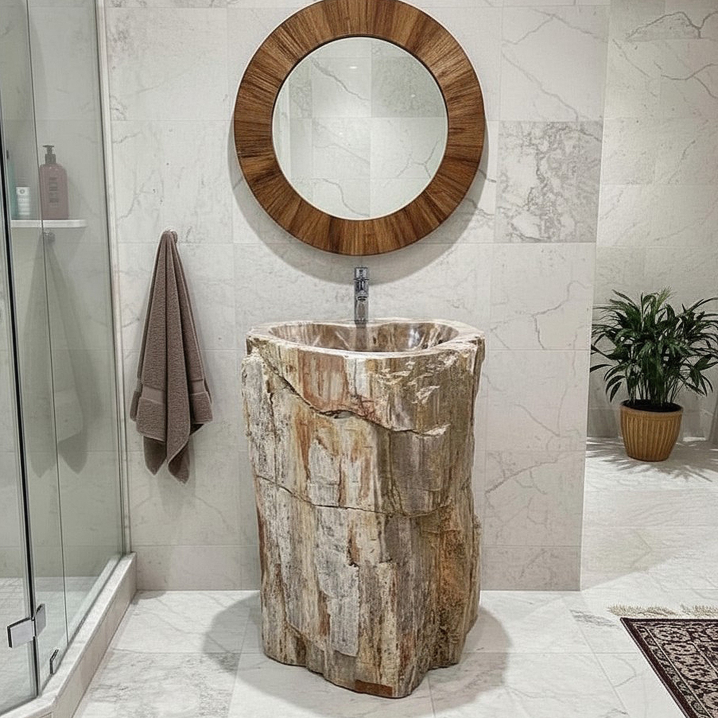 Standwaschbecken aus versteinertem Holz | Hahnlochbohrung möglich | 58 × 50 × 90 cm | Zakynthos ZH3