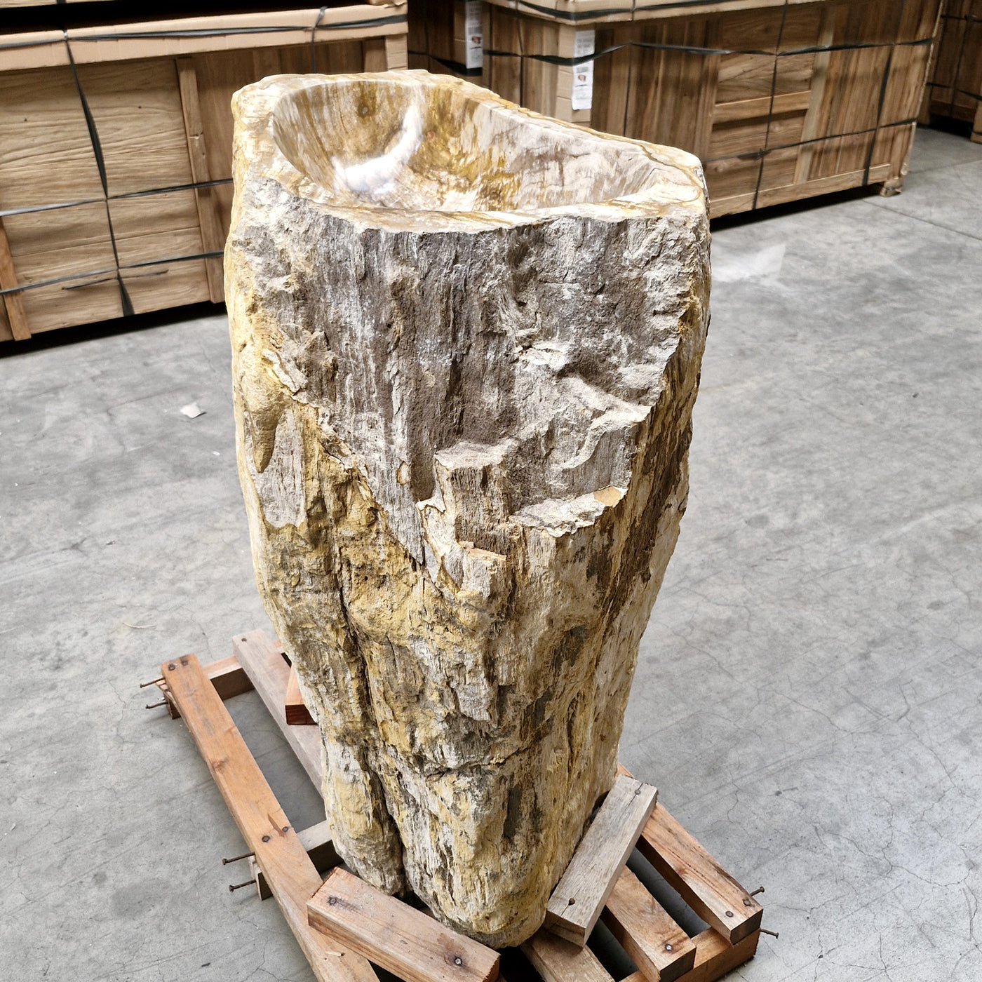 Standwaschbecken aus versteinertem Holz, 87x47x90 cm, Zakynthos Badgestaltung, edles Holzdesign, detailreiche Oberfläche