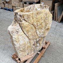 Standwaschbecken aus versteinertem Holz, Zakynthos, Badgestaltung, Maße 87x47x90 cm, natürliche Holzoptik und hochwertige Verarbeitung.