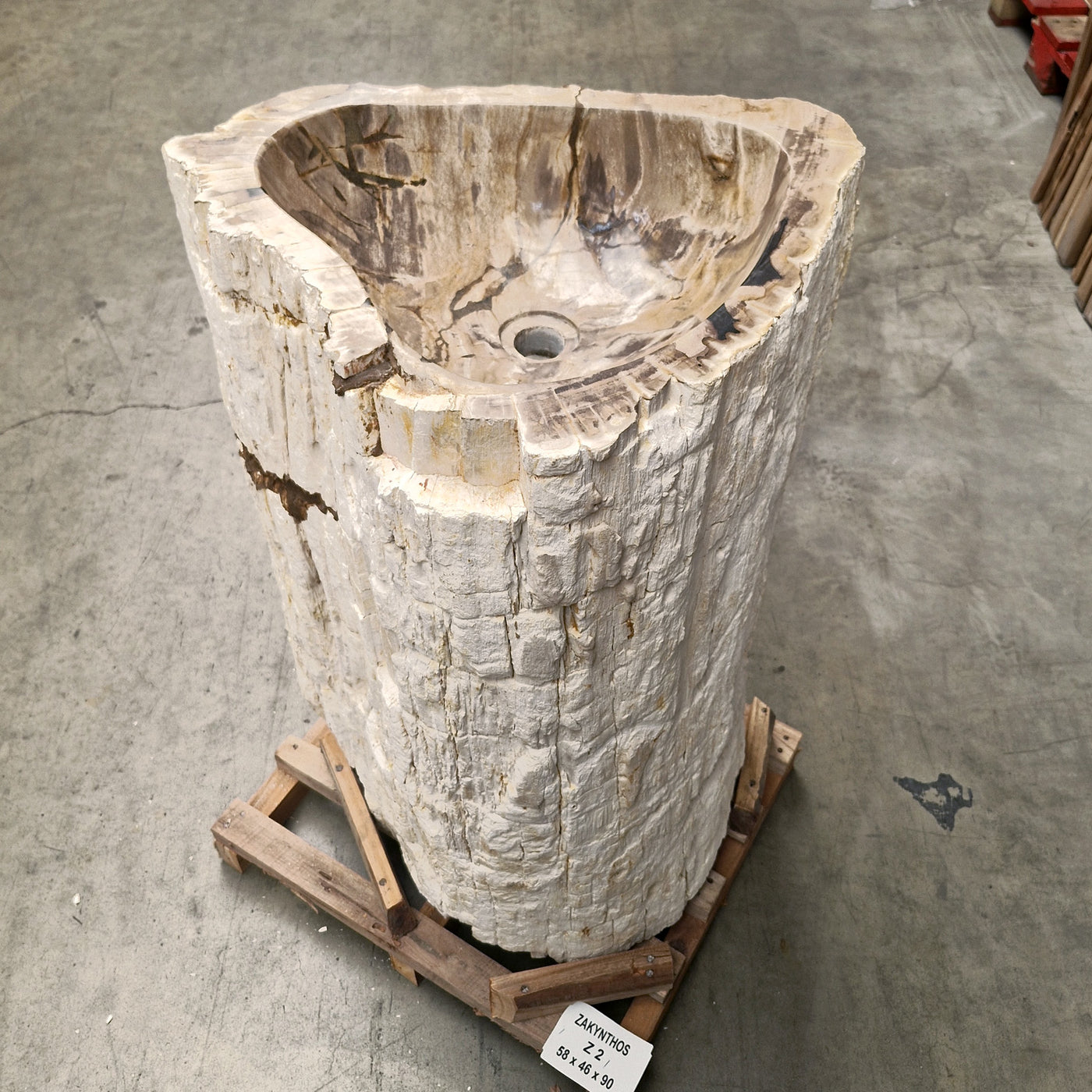 Standwaschbecken aus versteinertem Holz, 58x46x90 cm, Zakynthos Badgestaltung, einzigartiges Holzdesign, modernes Badezimmermöbel