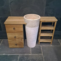 Standwaschbecken mit Schrank aus Altholz, Teak und Marmor, 125 x 40 x 80 cm, für stilvolle Badgestaltung.