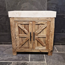 Lombok Teakholz-Unterbauschrank mit Waschtisch, schlichtes Naturdesign für moderne Badgestaltung, sichtbare Holzmaserung.