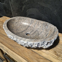 Aufsatzwaschbecken aus Silber Travertin mit grober Oberfläche, 60x40 cm, für Badgestaltung, von WAVE.