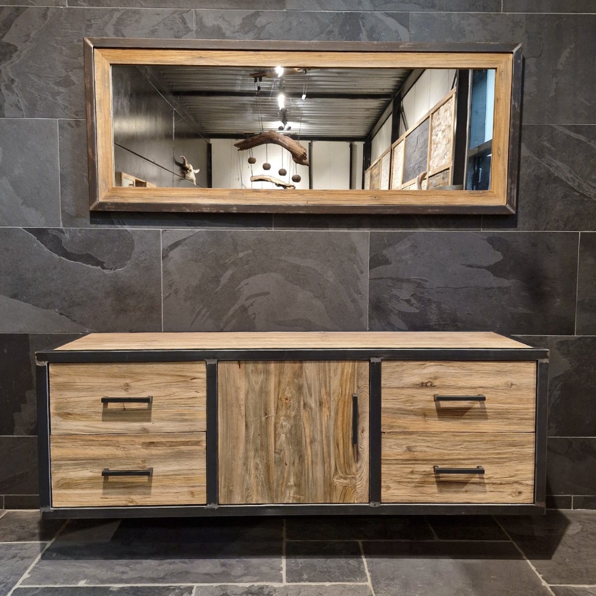 Hängeschrank mit Spiegel aus Teakholz für Badezimmer, Metal Look Badgestaltung, Modell 7, modernes Badmöbelset