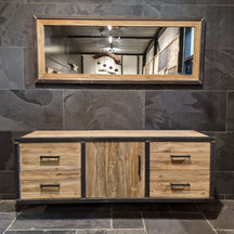 Hängeschrank mit Spiegel aus Teakholz für Badezimmer, Metal Look Badgestaltung, Modell 7, modernes Badmöbelset