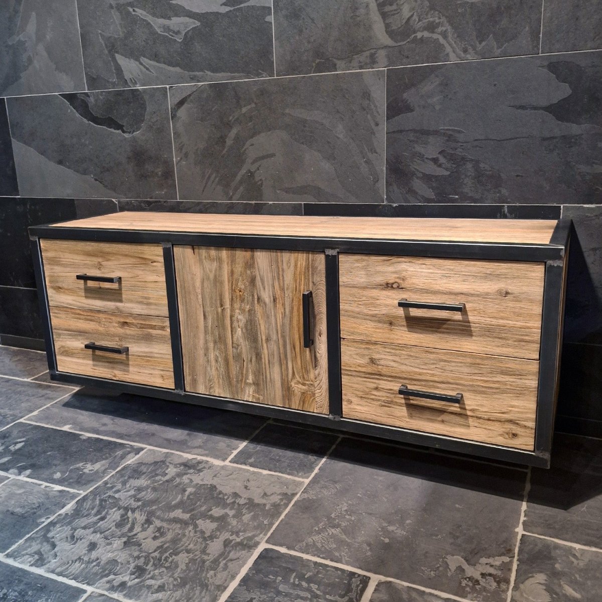 Hängeschrank mit Spiegel aus Teakholz, Badgestaltung, Metal Look, Modell 7, modernes Badezimmermöbel, sichtbarer Schrank und Spiegel