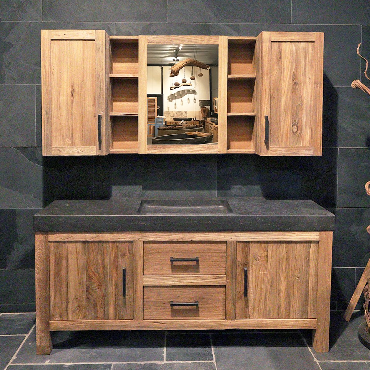 Badmöbel Set mit Waschtisch und Spiegelschrank | Teakholz Naturdesign