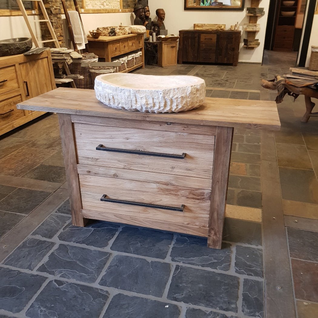 Waschbeckenunterschrank aus Teakholz für Bad, 140x46x80 cm, Kalimantan Badgestaltung, modernes Badezimmermöbel