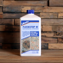 Lithofin FLECKSTOP >W< Pflege und Zubehör Reinigung für Badewanne und Fliesen, Flasche mit Reinigungsmitteln auf weißen Oberflächen