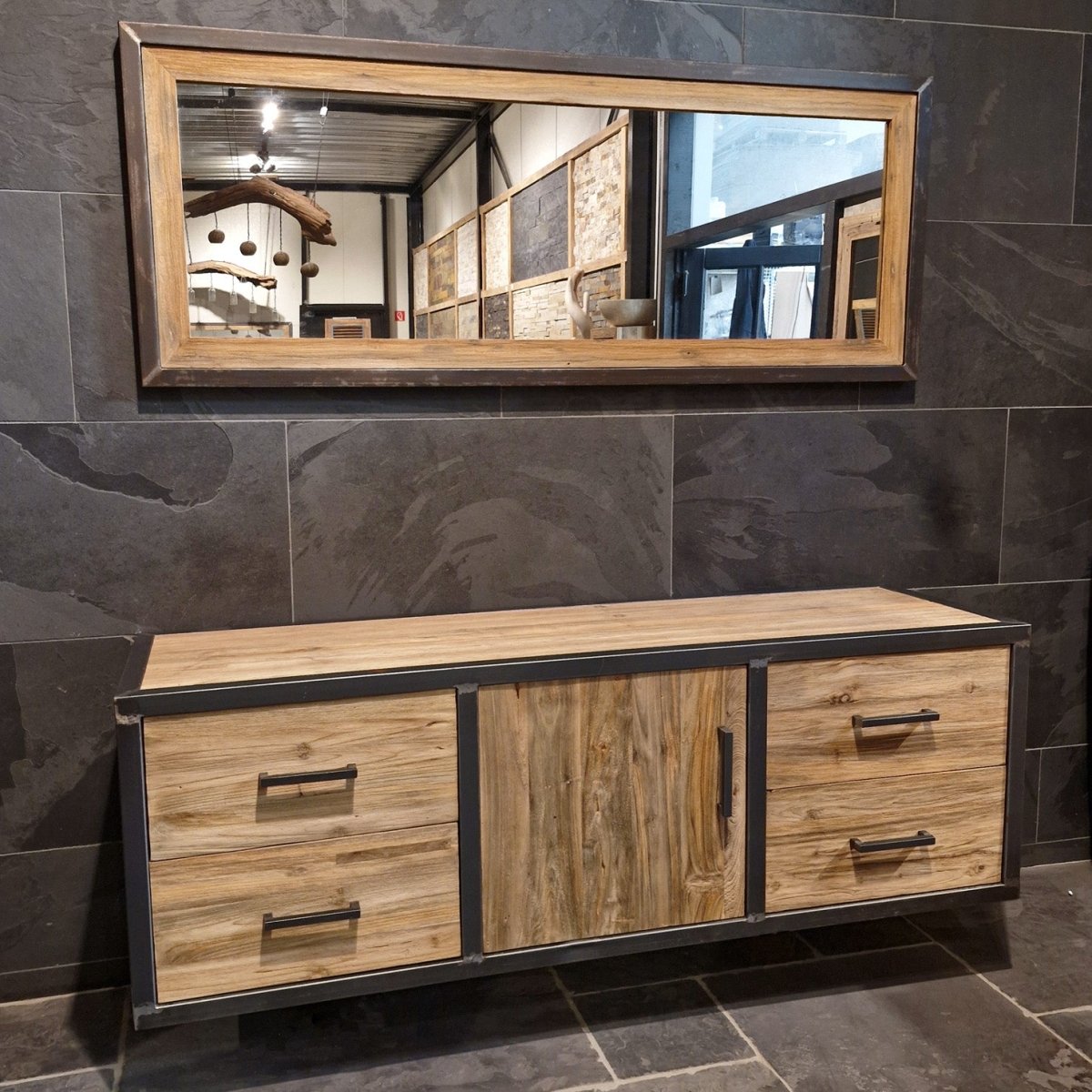 Hängeschrank mit Spiegel aus Teakholz für das Badezimmer, Badgestaltung, Model 7, von Metal Look