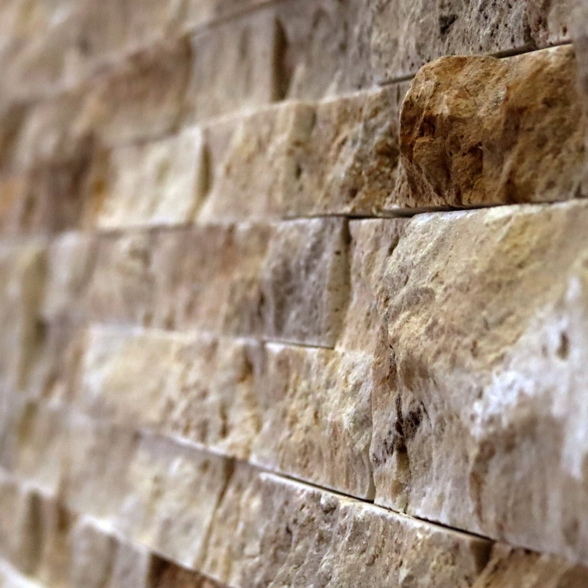 Naturstein Verblender Muster aus Travertin Scabas Antik Gold mit Block, detailreiche Textur und warme Goldtöne sichtbar.