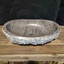 Aufsatzwaschbecken aus Silber Travertin, grobe Textur, Badgestaltung, 60x40 cm, natürlicher Naturstein von WAVE