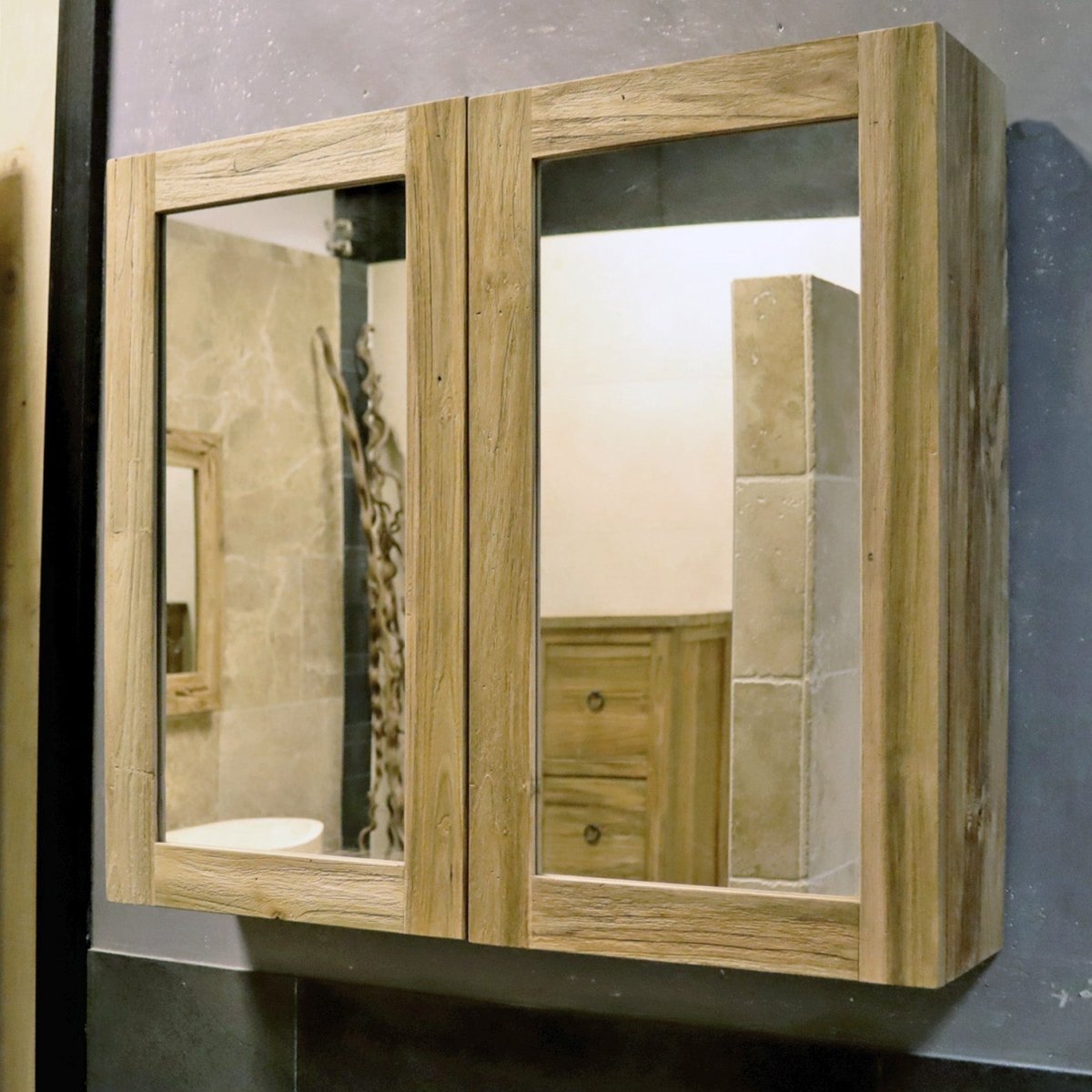 Spiegelschrank für das Bad aus recyceltem Teakholz, 80, 100 oder 120 cm breit, stilvolle Badgestaltung, MALAYA
