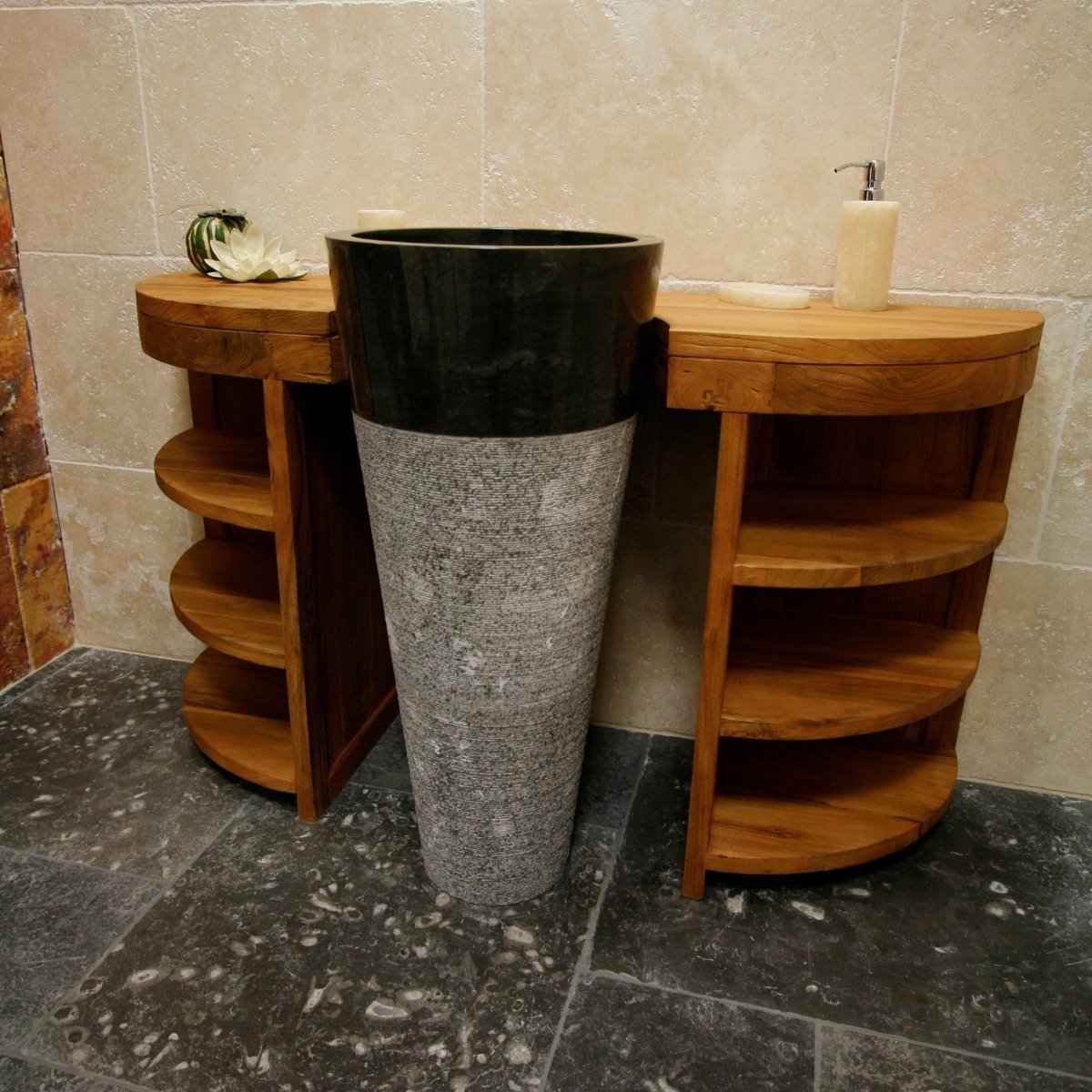 Badschrank mit Standwaschbecken | 140 x 45 x 83 cm | Teak & Naturstein